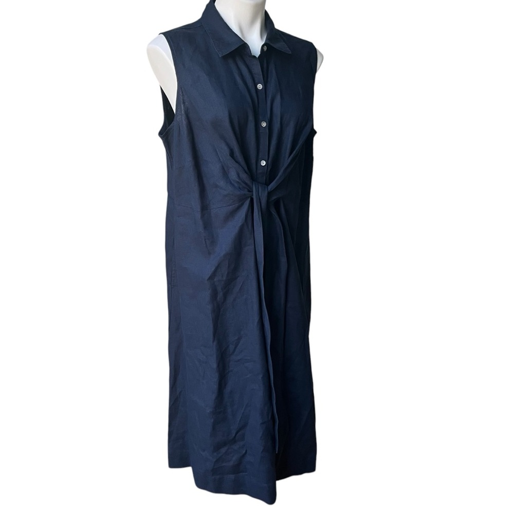 J. Jill Love Linen Tie Front Sleeveless Shirt Dress Navy with Pockets, XL Petite - Picture 6 of 11